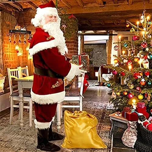 Vista 5 de Juego de disfraz de Papá Noel de 12 piezas de disfraz de Papá Noel para hombres y adultos traje de Papá Noel de lujo Outifit Cosplay Santa Accesorios