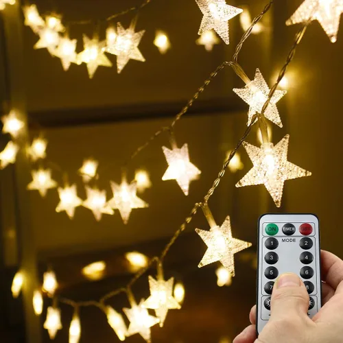 Vista 8 de Guirnalda de luces de estrellas que funcionan con pilas, 16.4 pies, 50 luces LED impermeables, luces de Navidad alimentadas por batería con 8 modos