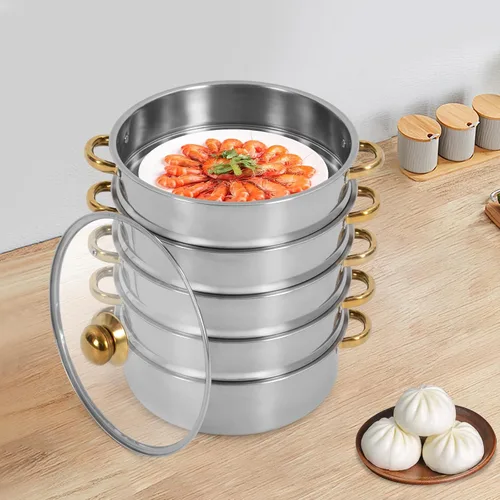 Vista 2 de Olla de vapor, olla de vapor de acero inoxidable de 5 niveles con práctica asa de tapa, utensilios de cocina multiusos de 5.0 cuartos de galón