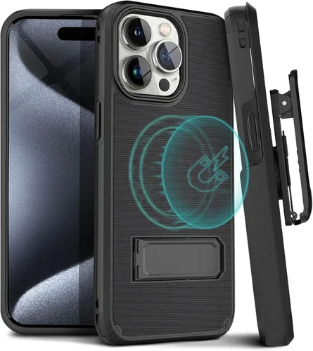Vista 12 de MOTIVE Funda para iPhone 15 con clip para cinturón, magnética compatible con MagSafe, combo de funda de carcasa a prueba de golpes, funda para Negro