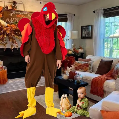 Vista 6 de Disfraz de pavo para adulto, Acción de Gracias, Halloween, traje de cosplay, traje divertido de 3 piezas para hombres y mujeres, fiesta de vacaciones