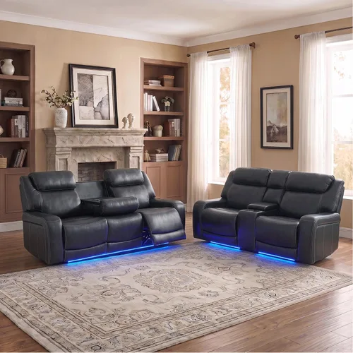 Vista 20 de Sofá reclinable con luces LED, sofá reclinable de cuero con dos asientos reclinables/puerto USB/consola de almacenamiento/soporte para vasos