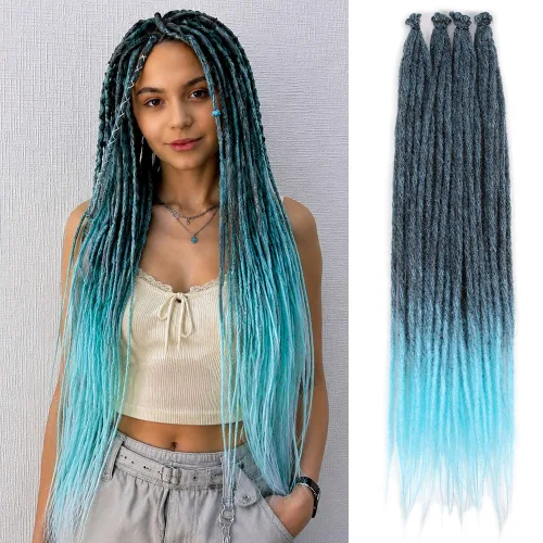 Vista 25 de Kraler Extensiones de Rastas Azules, Extensiones de Rastas Sintéticas de Ganchillo de 22", 100% Hechas a Mano, Rastas de Una Sola Punta, Delgadas