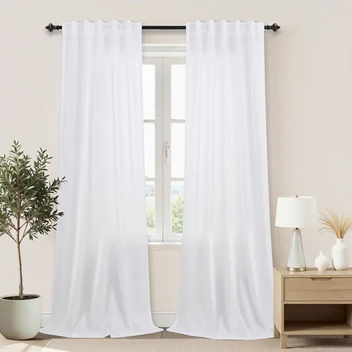 Vista 37 de Cortinas rústicas color beige tostado de 42 x 84 pulgadas de largo para sala de estar, juego de 2 paneles transparentes de lino natural, imitación