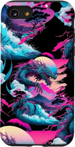 Vista 18 de Dragon Vaporwave Abstract Landscape Moon Tree Waterfall Case for iPhone 17