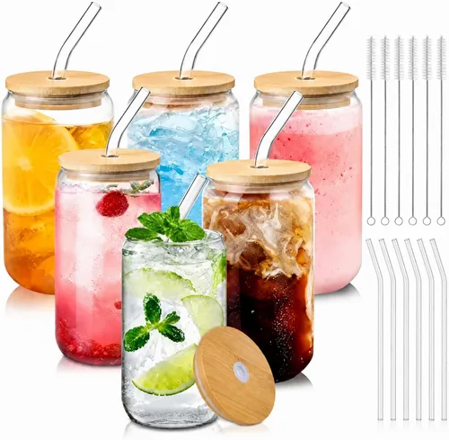 Vista 16 de Tazas de vidrio con tapas y pajitas de 16 onzas, set de 16 – Tazas de café helado para fiestas navideñas, reuniones familiares y anfitrionaje diario