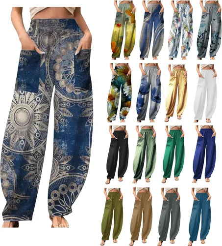 Vista 7 de YMADREIG Pantalones harén para mujer, de cintura alta, holgados, ligeros, cónicos, de lino, bohemios, de pierna ancha, pantalones capri con bolsillos