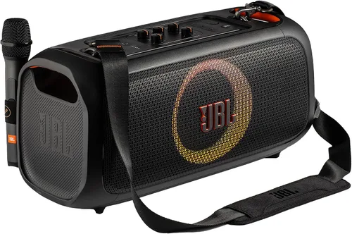 Vista 2 de Altavoz Bluetooth JBL Party On-The-Go con micrófono 100W de sonido profesional, espectáculo de luces dinámicas, IPX4 a prueba de salpicaduras