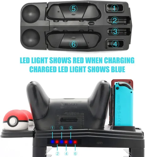 Vista 3 de Cargador de controlador para interruptor, base de carga para Switch 4 Joy-Cons, 4 controladores Pro y 2 controladores Poke Ball Plus, estante