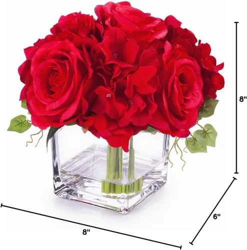 Vista 4 de Arreglos de flores artificiales de seda de rosas y hortensias en jarrón de cristal para boda en casa (crema)