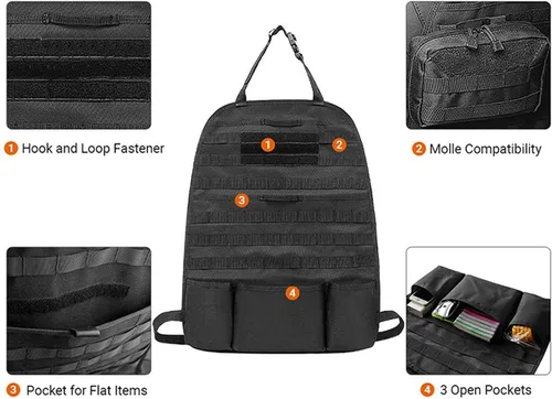 Vista 5 de Organizador de respaldo de asiento Molle 1000D mejorado con bolsas, panel táctico Molle para asiento de automóvil, protector de asiento de asiento