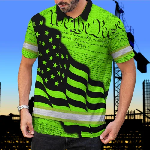 Vista 4 de Maddly Polo de alta visibilidad con diseño de calavera y bandera de Estados Unidos, ropa de trabajo patriótica con nombre personalizado