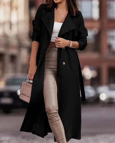 Vista 6 de KIRUNDO Gabardina larga con doble botonadura para mujer, moda de otoño 2023, solapa clásica, abrigo delgado con cinturón