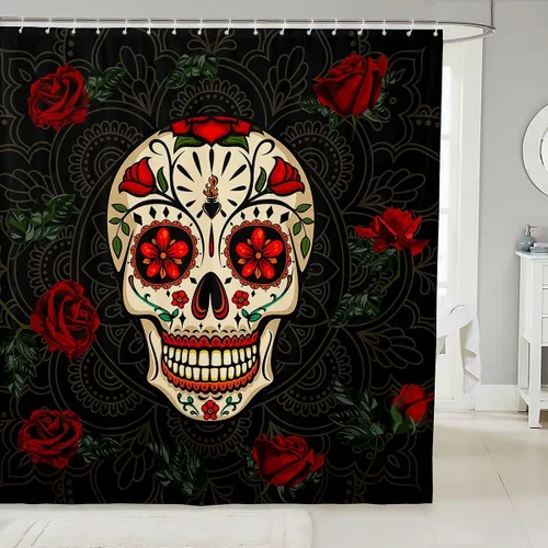 Vista 9 de Cortina de ducha con diseño de calavera de azúcar para niños y niñas, cortina de baño con rosas y rosas, decoración de habitación femenina