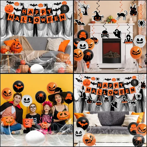 Vista 5 de Decoraciones de Halloween, decoraciones de fiesta de Halloween naranja y negro, remolinos colgantes, pancarta de araña de fantasma y murciélago