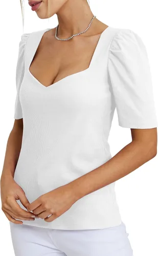 Vista 4 de LYANER Camiseta de punto de manga corta abombada con cuello en V cuadrado para mujer
