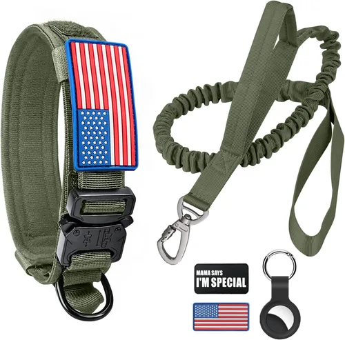 Vista 8 de Collar táctico para perro y correa elástica, juego de collar y correa militar para perro con bandera estadounidense de Estados Unidos, collar K9