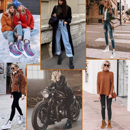 Vista 2 de CELNEPHO Botas de plataforma gruesa para mujer puntera cuadrada con cordones cremallera tacón alto botas de tobillo de cuña de combate