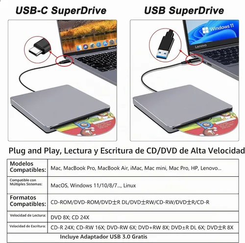 Vista 2 de Unidad de CD externa para Mac: USB C reproductor de grabadora de DVD SuperDrive para portátil Windows Apple Plug & Play Copia de seguridad de datos