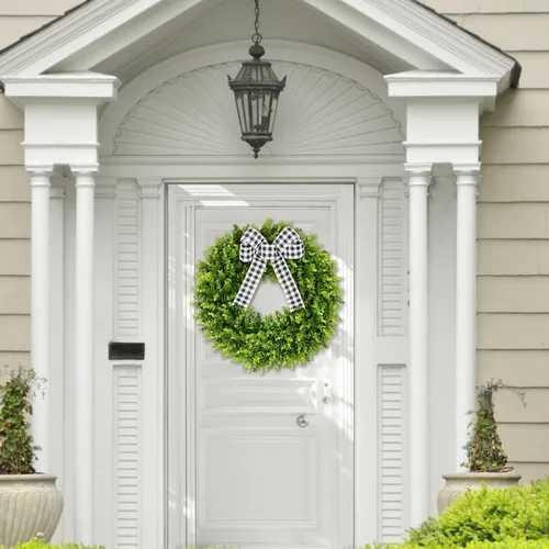Vista 4 de Vlorart - Corona de boj artificial de 20 pulgadas, corona de puerta delantera con decoración de primavera y verano, con un lazo y una faja
