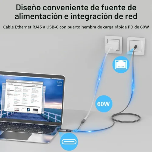 Vista 4 de Cable USB C a Ethernet y 60 W de carga de 6.6 pies, USBC PD y Gigabit LAN 2