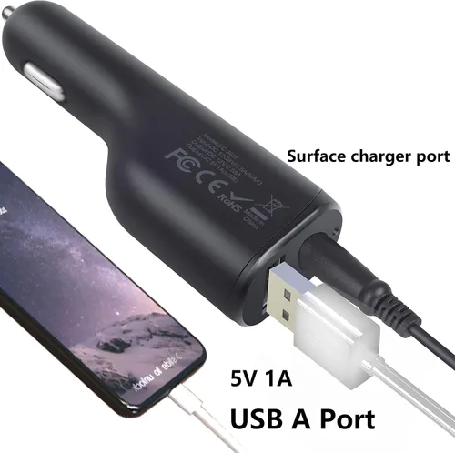 Vista 5 de Surface Pro - Cargador de coche para computadora portátil, 36 W, 12 V, 2.58 A, fuente de alimentación para Microsoft Surface Pro 3/4/5/6/Book/Go