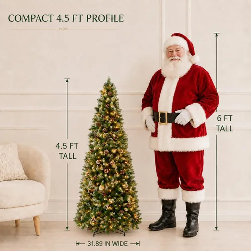 Vista 6 de 4.5 ft Frosted Artificial Pencil Christmas Tree with Pine Cones PVC foliage, hinged branches, foldable stand, indoor holiday decor for apartments
