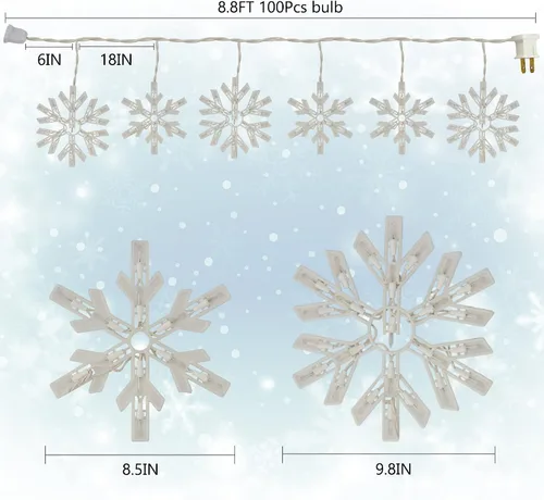 Vista 2 de Luces de Copo de Nieve de 8.5 Pies con 6 Gotas, 100 Bombillas Transparentes de Luces de Cadena de Navidad, Enchufables y Conectables Juego de Luces