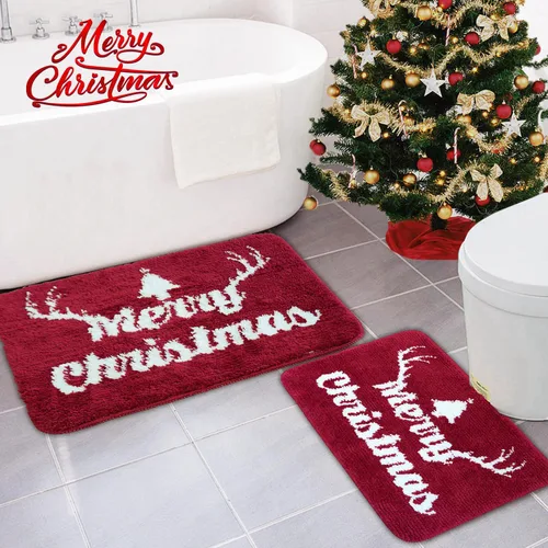 Vista 3 de Decoraciones de Feliz Navidad, alfombras de baño rojas, bonita decoración navideña, tapetes de baño para baño, parte trasera antideslizante, lavable