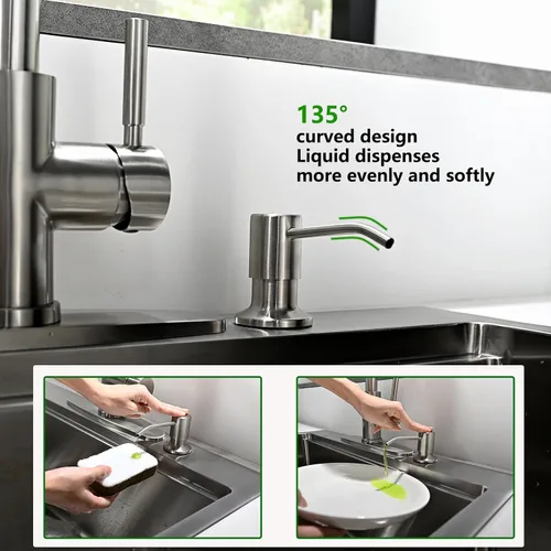 Vista 2 de Dispensador de jabón integrado para fregadero de cocina, cabezal de bomba de encimera de níquel cepillado de acero inoxidable, dispensador de loción