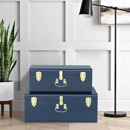 Vista 4 de Vixdonos Juego de 2 baúles decorativos de metal grande, organizador de dormitorio universitario con cerrojos y asa para decoración del hogar, 23.7 x