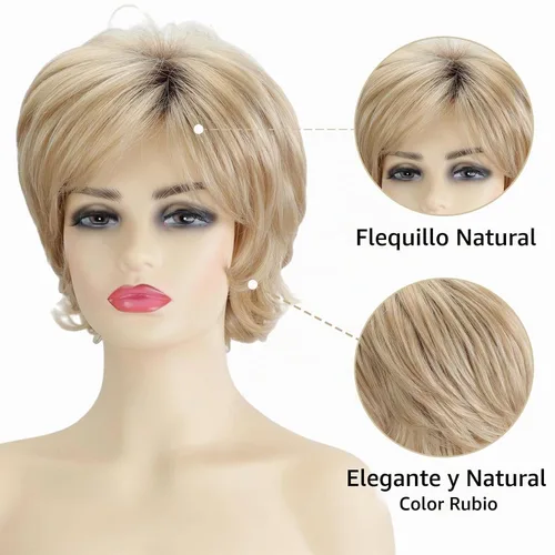 Vista 4 de TISHINING Pelucas Rizadas Cortas de Corte Pixie Ombre Rubias para Mujeres Blancas Peluca Rubia Mixta Esponjosa en Capas con Flequillo de Aspecto