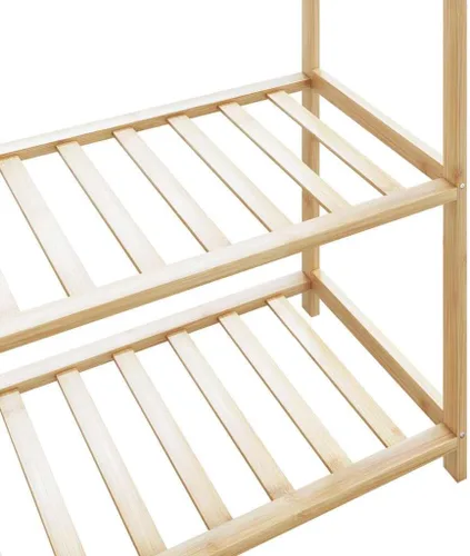 Vista 7 de Perchero de bambú independiente con 3 estantes de almacenamiento y ganchos, soporte de ropa resistente para dormitorio, pasillo, 31.5 x 15.7 x 68.9