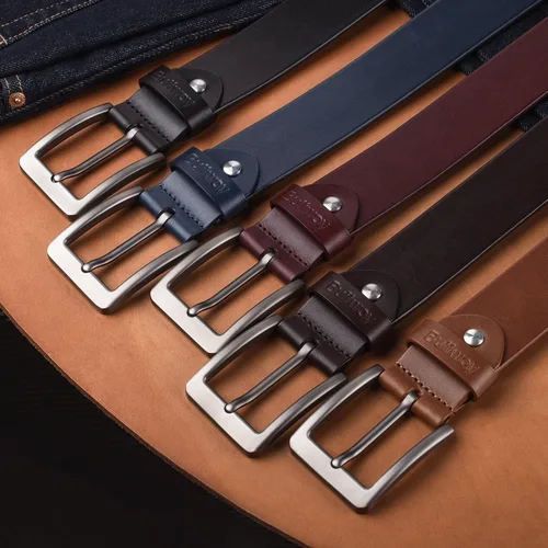 Vista 7 de Cinturón Buffway de piel italiana, resistente, cinturones de vestir con hebilla clásica, resistente, informal, para hombre