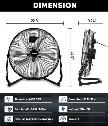 Vista 3 de KEN BROWN Ventilador de piso de alta velocidad de 20 pulgadas, ventilador de caja de 5 cuchillas de aluminio con 3 velocidades, 4650 CFM