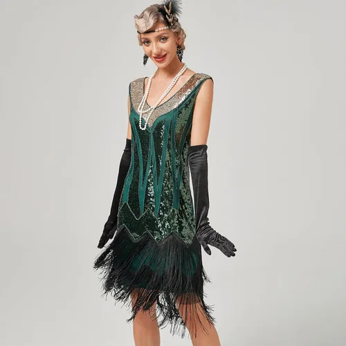Vista 2 de Vestido vintage de los años 20 con lentejuelas brillantes, flecos, borlas de Gatsby, vestidos de boda, fiesta, cóctel, noche