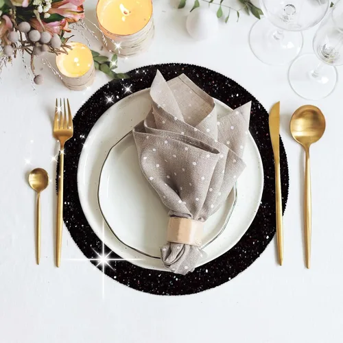 Vista 2 de Juego de 4 manteles individuales negros de cuero brillante con purpurina de 15.4 pulgadas para decoración de fiestas, bodas, día de Acción