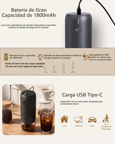 Vista 5 de CIRCLE JOY Molinillo de café eléctrico recargable, portátil, inalámbrico, con rebabas cónicas de acero inoxidable, ajuste externo de 90 niveles