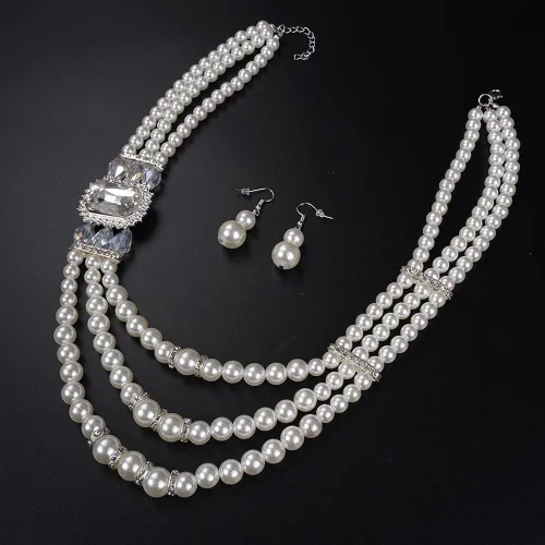 Vista 5 de Juego de collar y aretes de perlas de imitación blancas de 3 capas de los años 20 con cristal y diamantes de imitación, collar de perlas largas