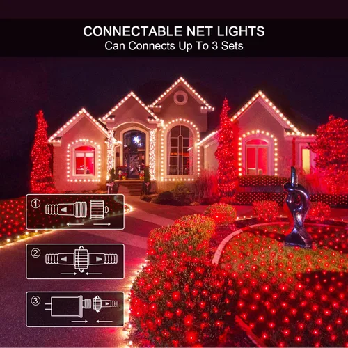 Vista 5 de JMEXSUSS 200 luces LED rojas de red de Navidad, 9.8 pies x 6.6 pies, luces de arbusto de Navidad conectables con control remoto, 8 modos de enchufe