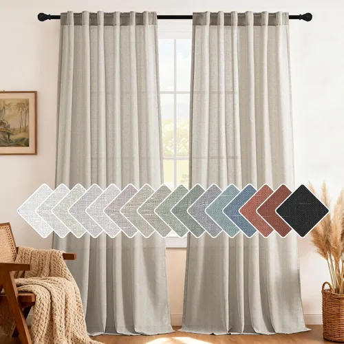 Vista 29 de H.VERSAILTEX Cortinas de lino natural de 63 pulgadas de largo para sala de estar, 2 paneles con trabillas traseras y bolsillo, texturizadas