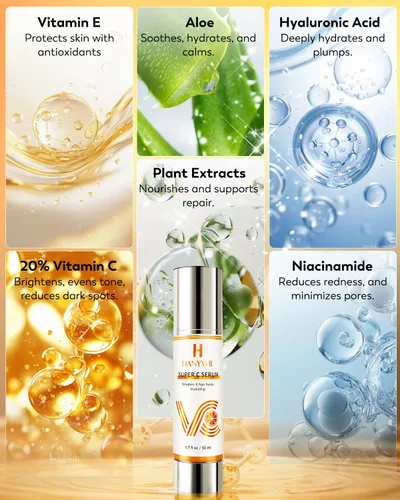 Vista 4 de HANYWIL Suero súper vitamina C con 20% para piel madura, se dirige a la reducción de manchas y arrugas con ácido hialurónico, suero hidratante