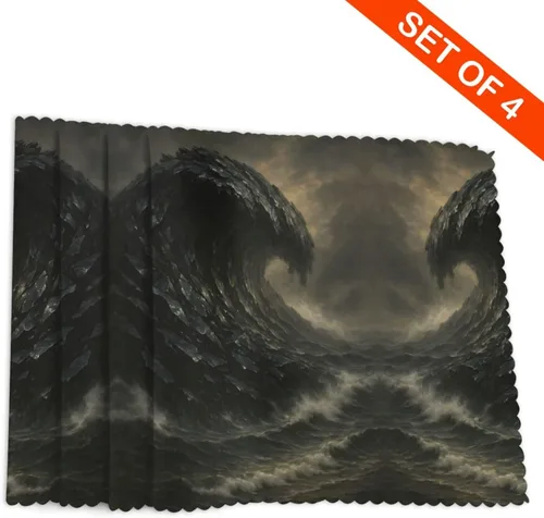 Vista 4 de Rectangular Placemats Set of 4, Heat Resistant Obsidian Tsunami Printed Kitchen Dining Table Mats