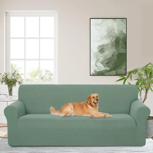 Vista 26 de Funda elástica para sofá, lavable, protector de muebles con espuma antideslizante y parte inferior elástica para niños, perros (sofá biplaza/beige)