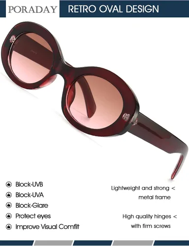 Vista 5 de PORADAY Lentes de sol ovalados modernos y gruesos para mujer, lentes de sol retro estrechos y gruesos, tonos degradados, redondos