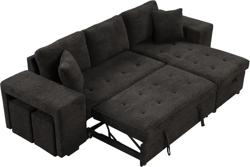 Vista 8 de Sofá cama modular de 104 pulgadas con diván de almacenamiento y taburetes para sala de estar, moderno sofá cama extraíble de 3 asientos