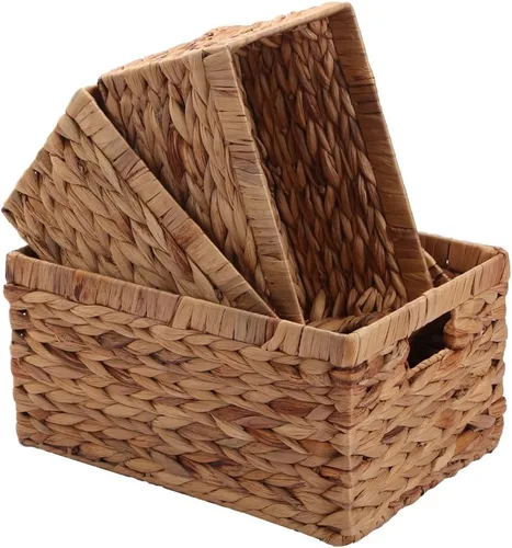 Vista 10 de Caja de cesta tejida de jacinto de agua natural rectangular con asa, Kingwillow. (Pequeño)