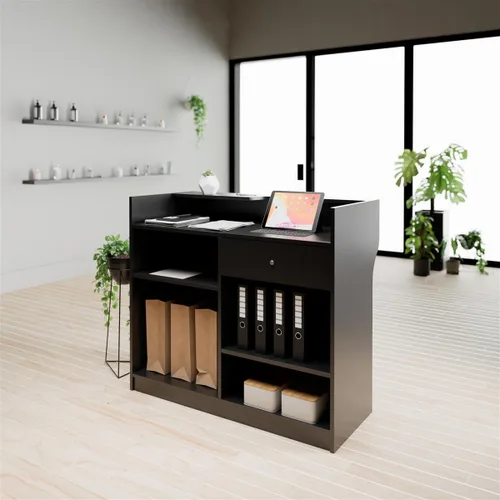 Vista 6 de Mueble de melamina para caja registradora, color negro, con estantes ajustables, cajón, y superficie para llenar cheques.