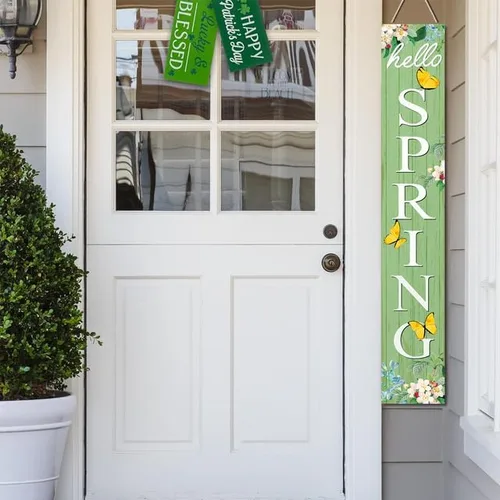 Vista 5 de Letrero de madera con texto en inglés «Hello Spring» para porche de 8 x 48 pulgadas, decoración de flores de mariposa de primavera para colgar