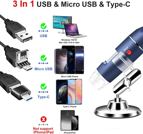 Vista 2 de Cámara de microscopio USB HD de 2 MP para Android, Windows, Linux Mac, 40X a 1000X digital con soporte y estuche de transporte, moneda portátil